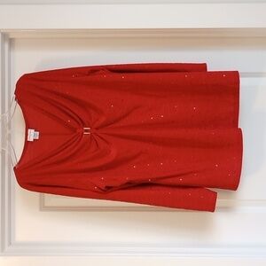 Jaclyn Smith Womens Blouse Sz 1X Red Sparkly Holiday Christmas Long Sleeve Gem